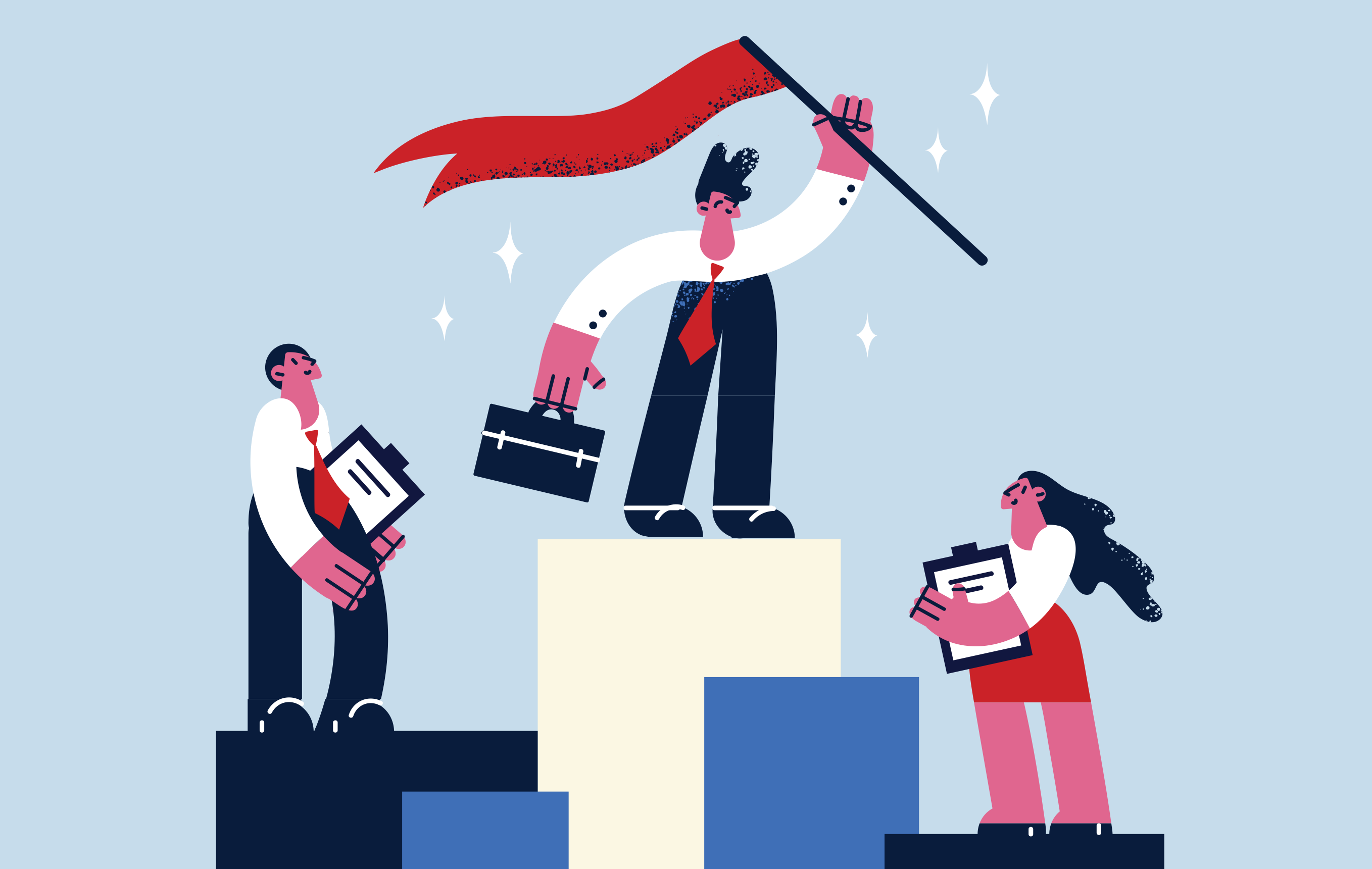 businessman on top of a pedestal carrying a flag and briefcase while coworkers look on
