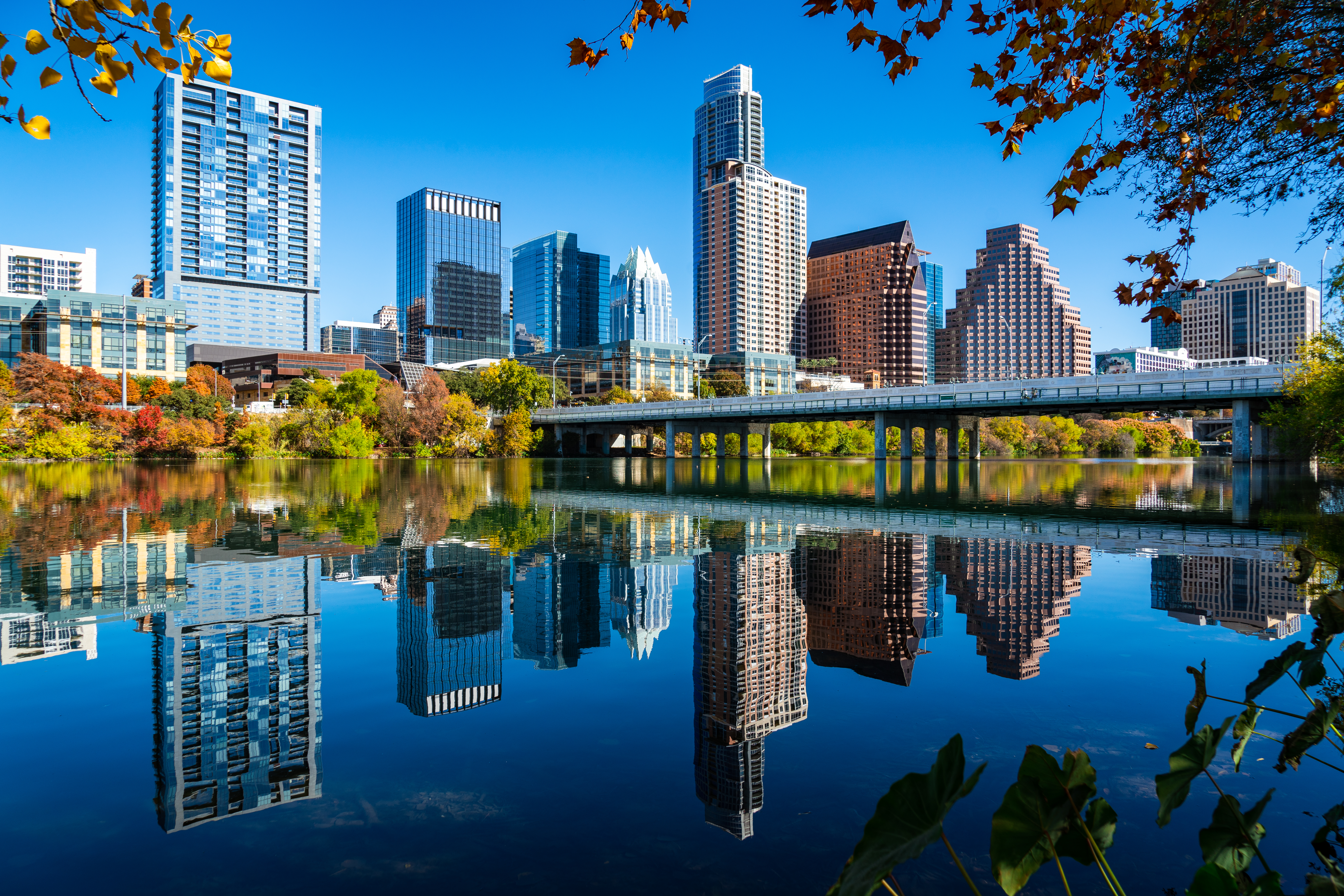 The Austin Texas skyline as seen from the city's river