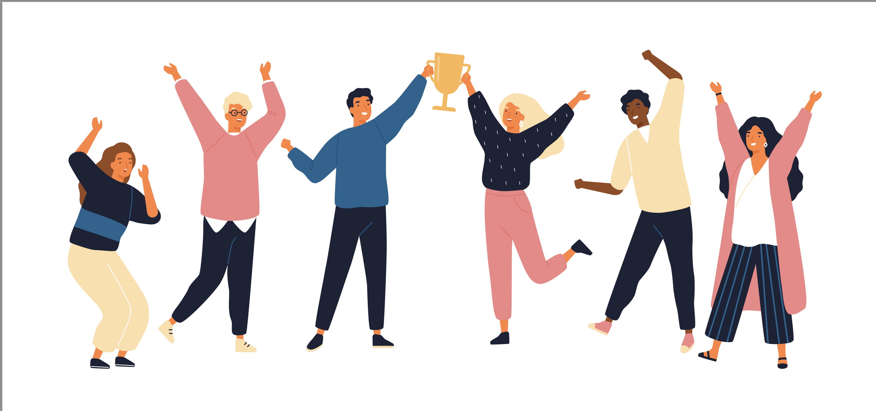 Six people celebrating with a trophy.