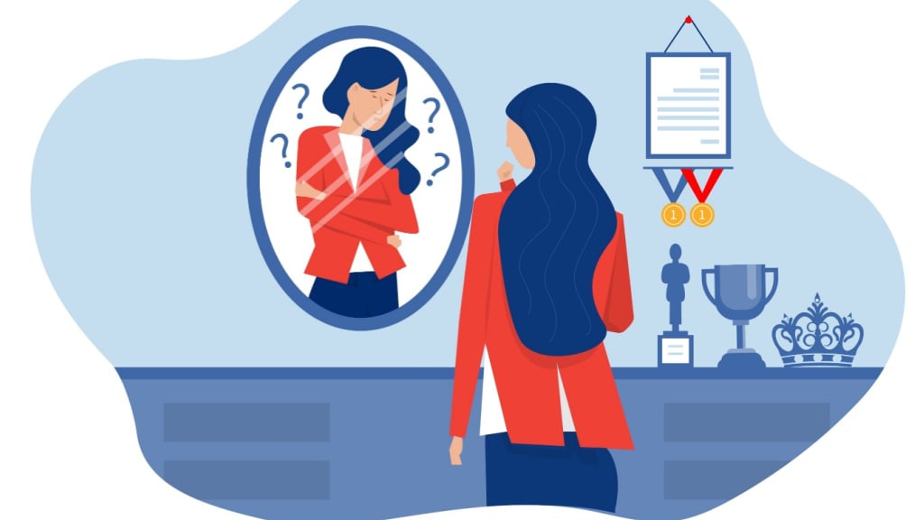 A woman looks into a mirror and questions herself.