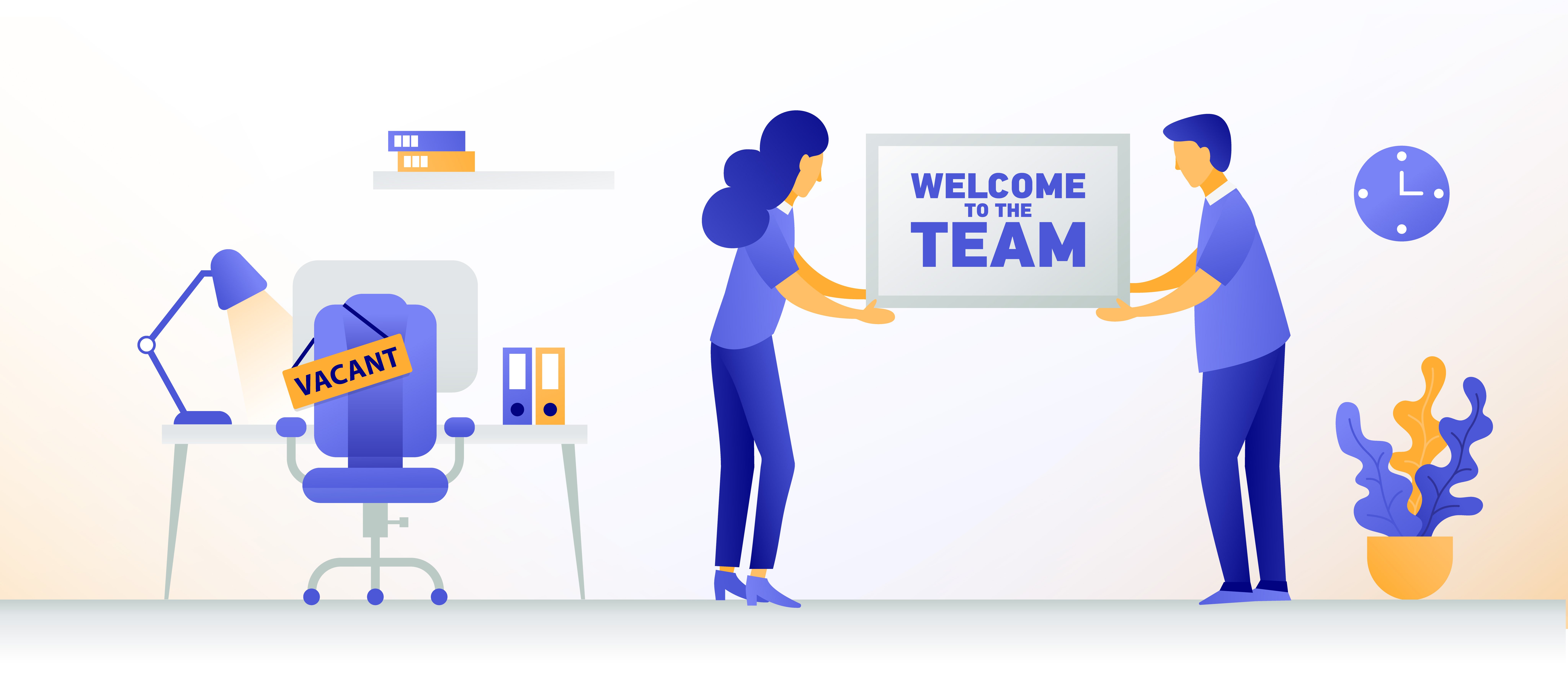 animated image of two people holding a "welcome to the team" sign in an office setting