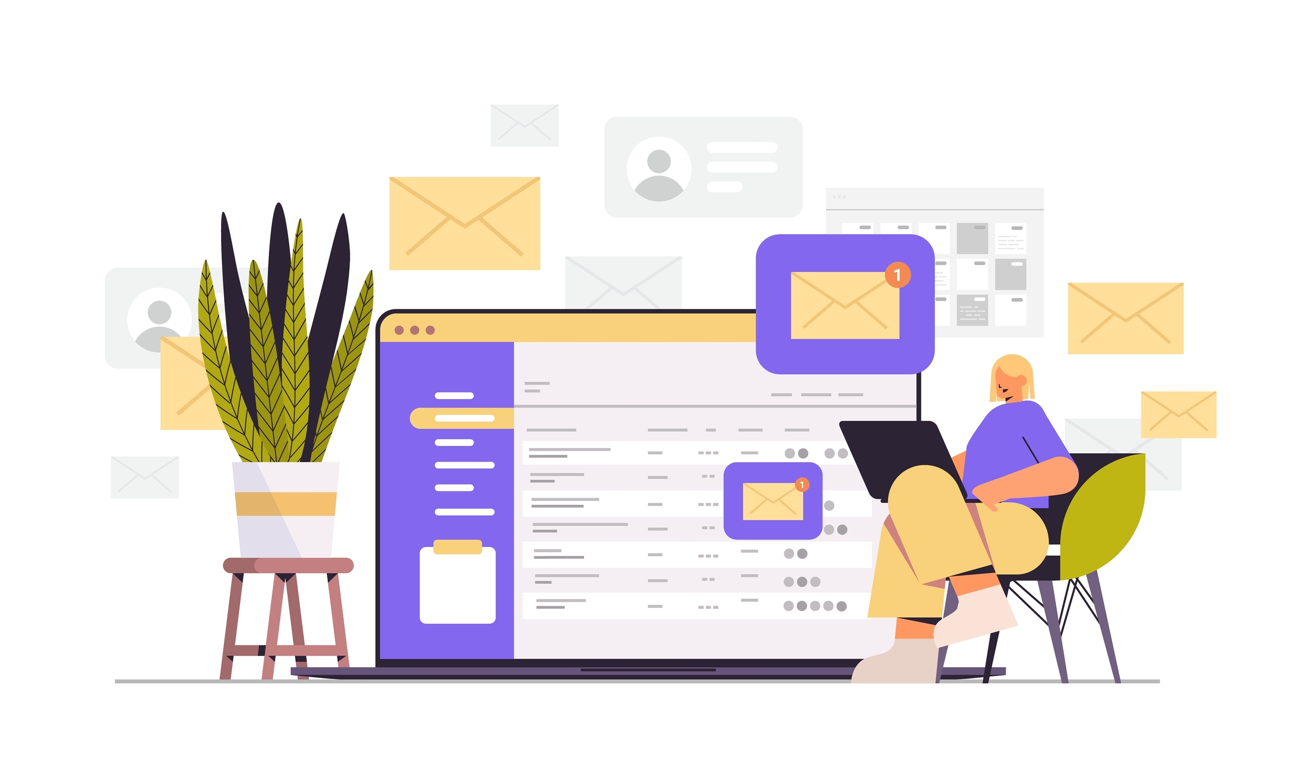 An illustration of a worker on a laptop in front of a screen showing an incoming email