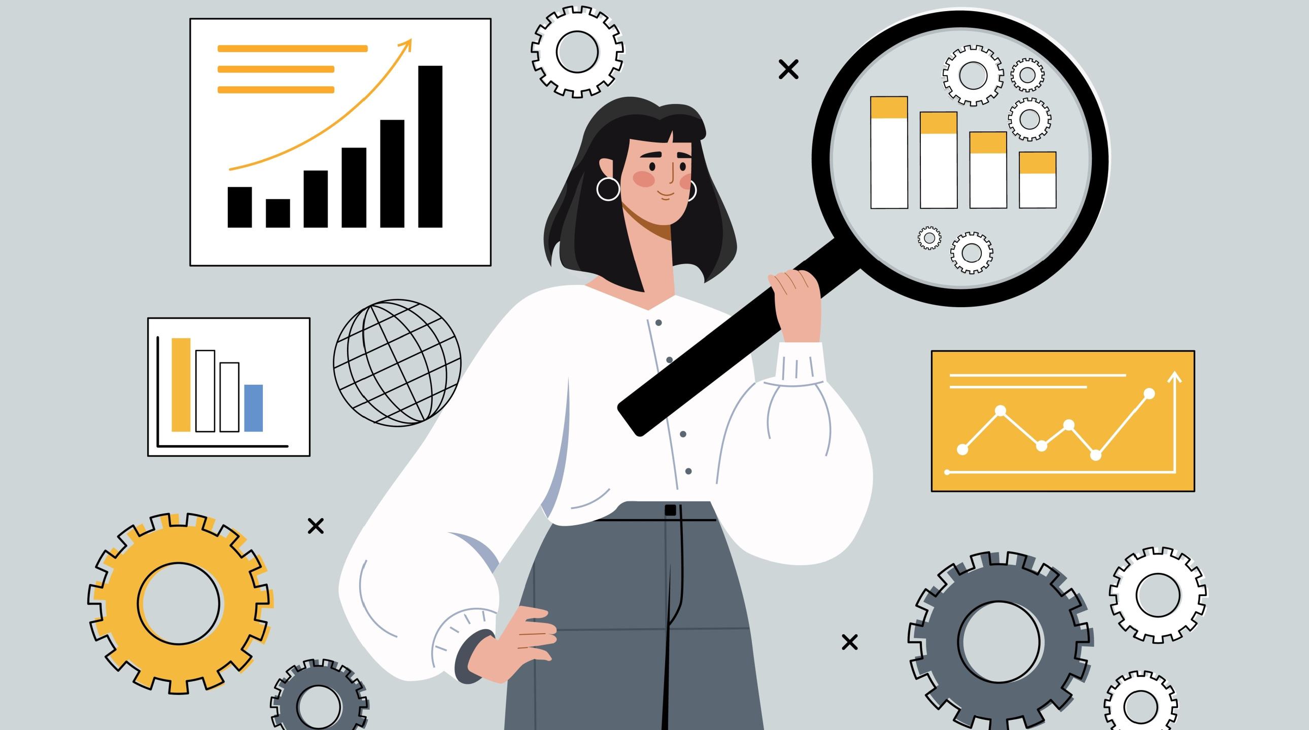 Graphic illustration of sales woman holding a magnifying glass to charts