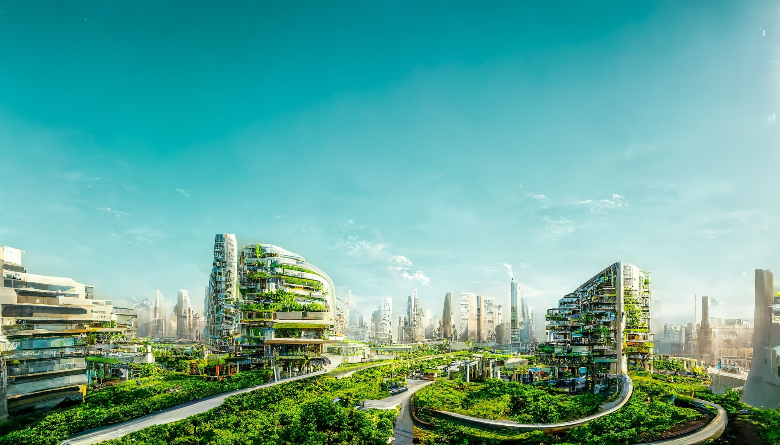 Rendering of a futuristic eco-friendly, green city