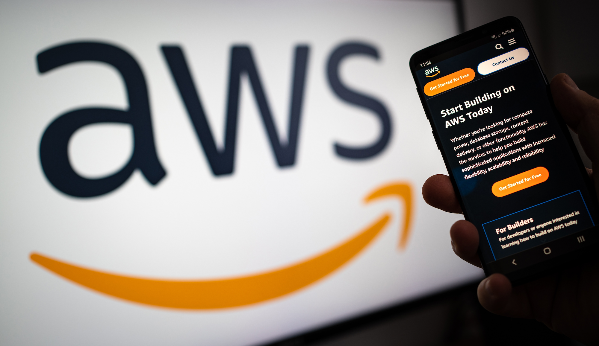 Amazon Web Service logo and a smart phone that says "start building on AWS"