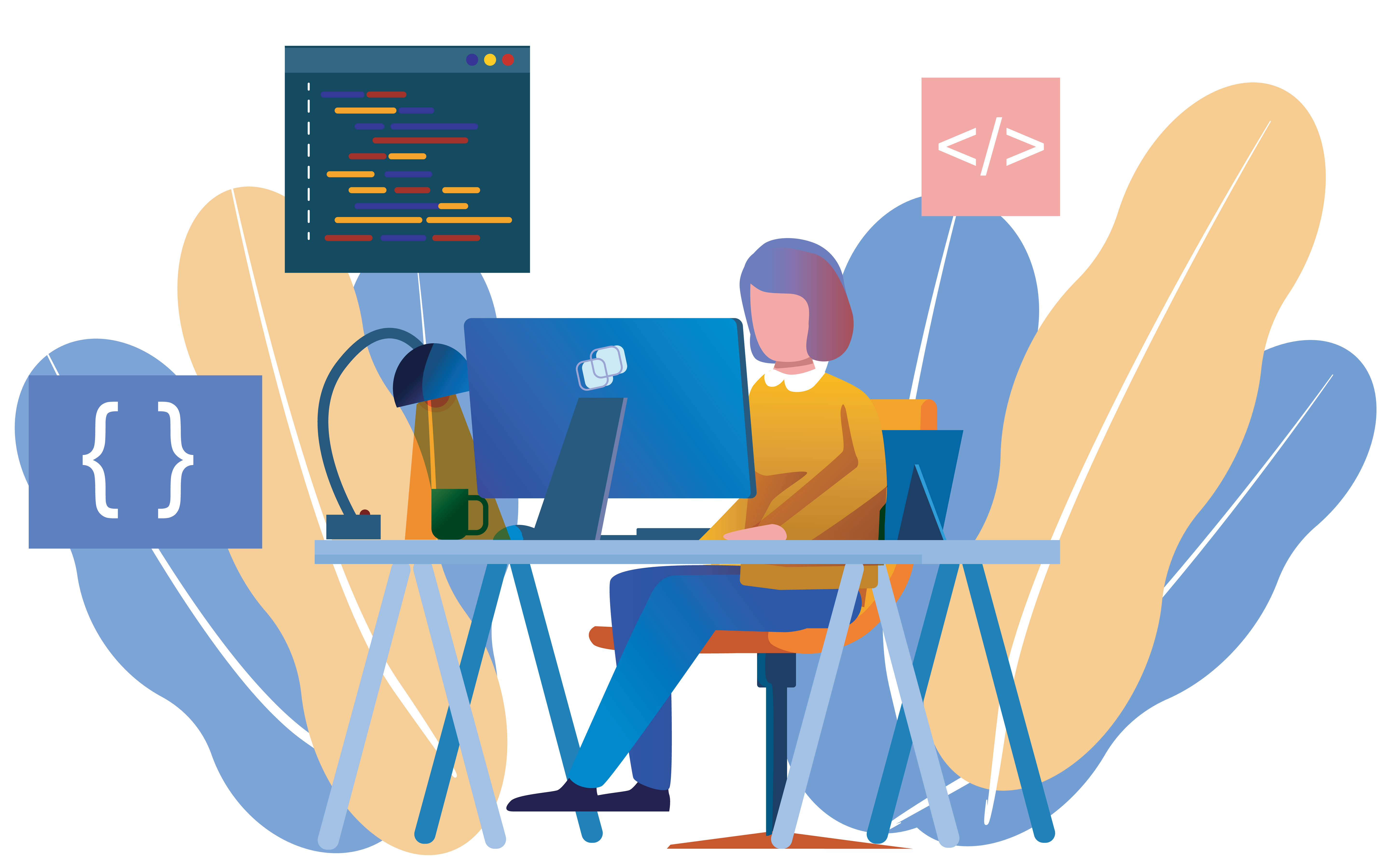 An illustration of a woman sitting and coding