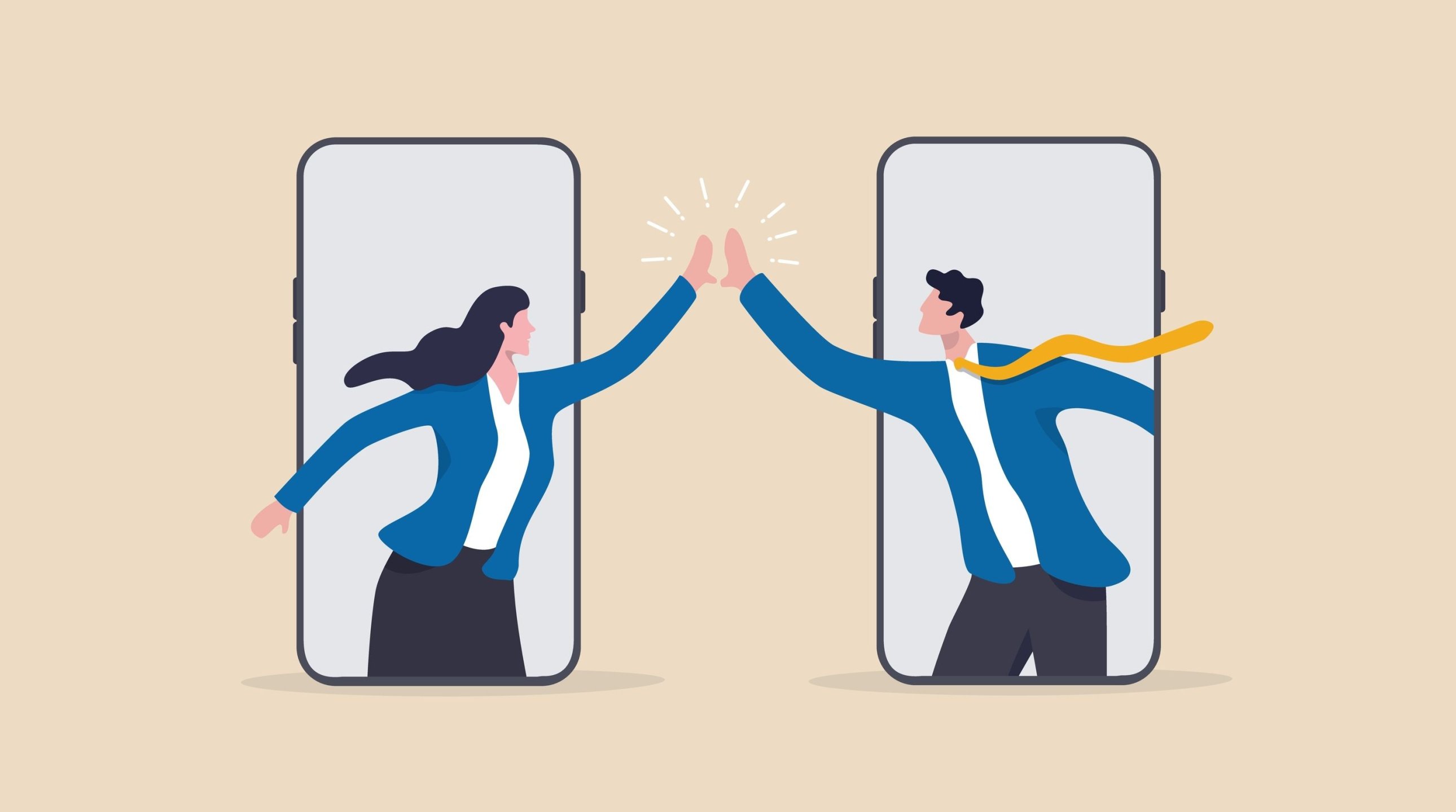 Graphic illustration of two phone screens with a person popping out of each to give each other a high five