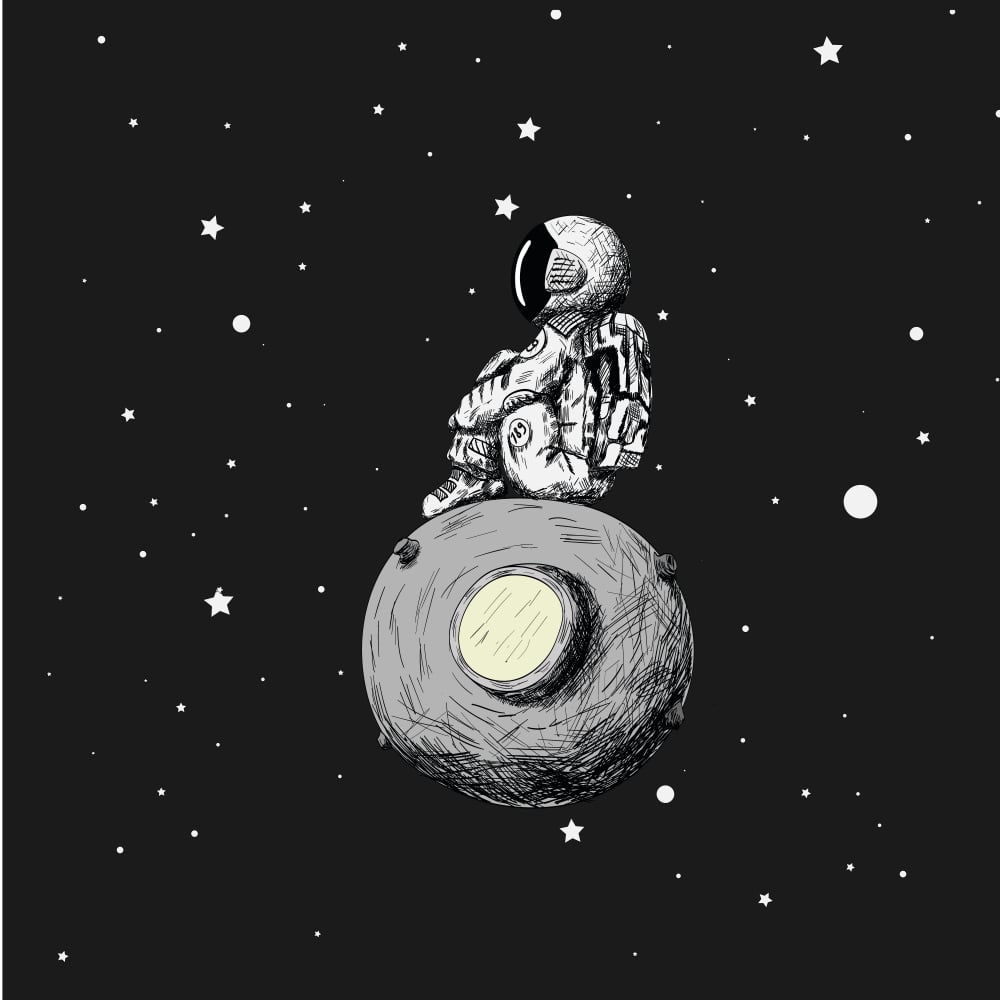 An astronaut sits on a satellite against the background of the starry sky.