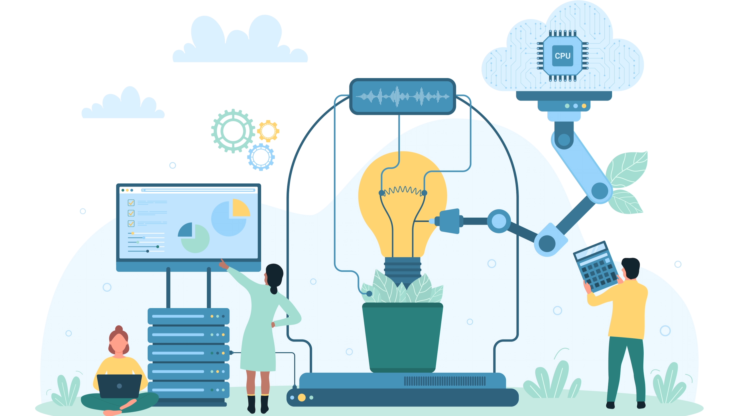 An illustration and collage of people working with tech like servers, robots, a lightbulb and CPU chip to show the idea of mission-driven tech. 