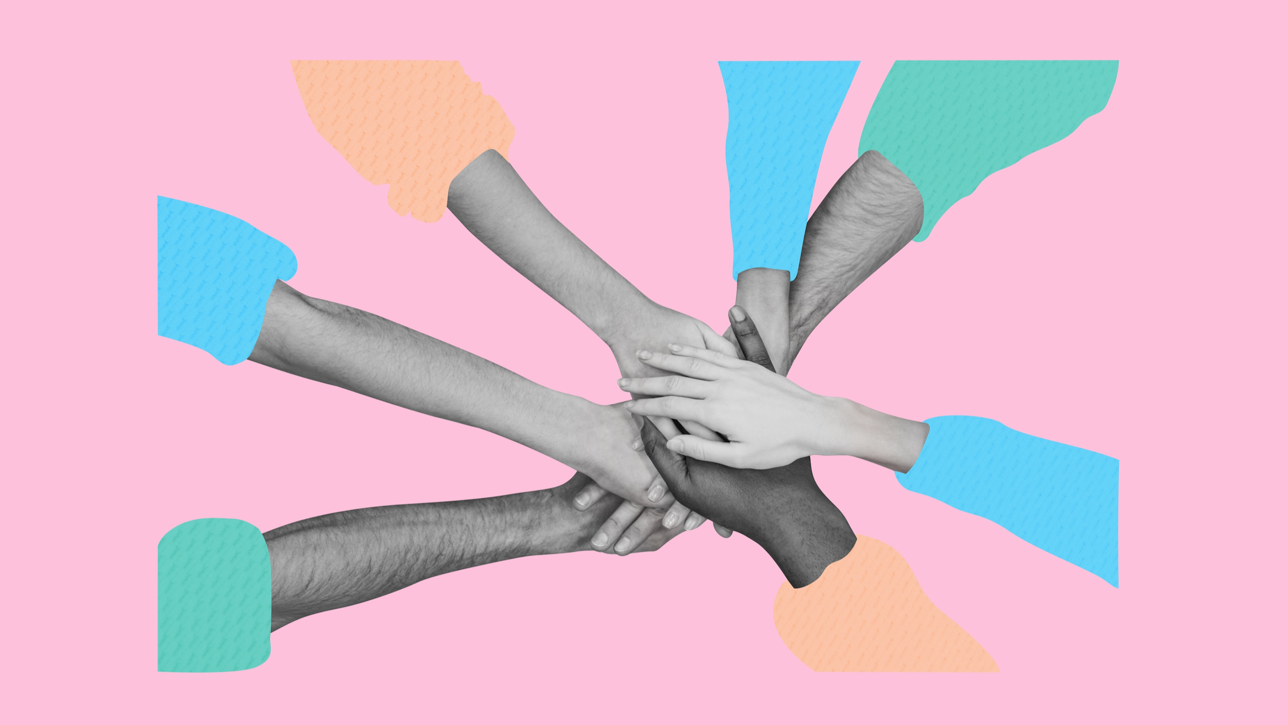A grey tone collage of hands in a circle to show the idea of a team and unified company culture.