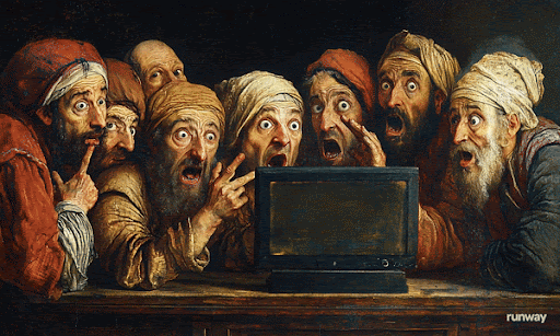 Animated gif of men panicking at laptop screen created by Runway ML