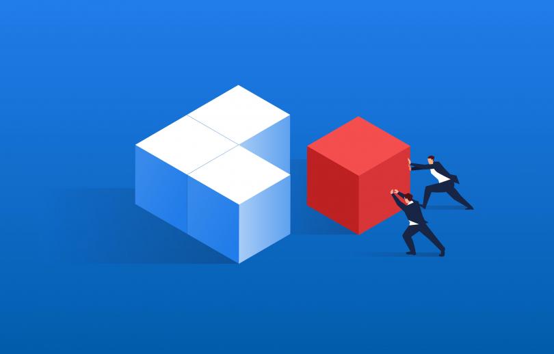 Vector illustration of two men pushing a red block into three white blocks, forming a square, on a blue background