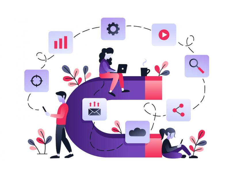 Vector illustration of customer success managers connected by a magnet
