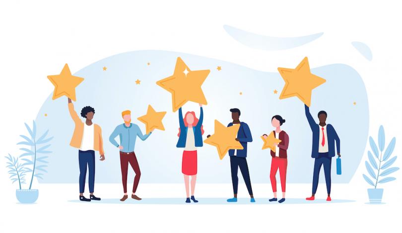 Vector illustration of six customer service representatives holding stars against a white background