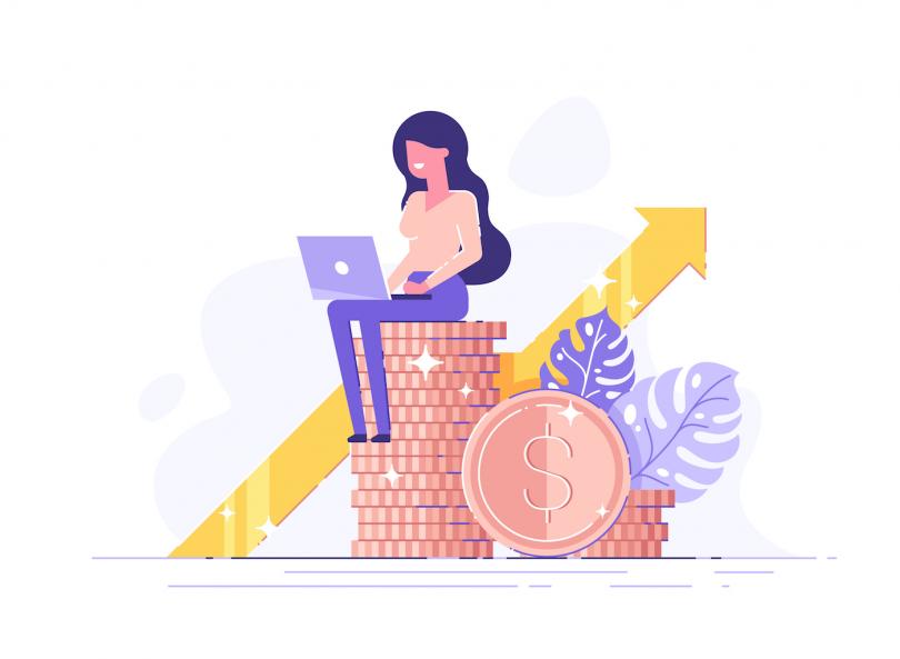 Vector illustration of a woman using a laptop sitting on top of a stack of oversized coins