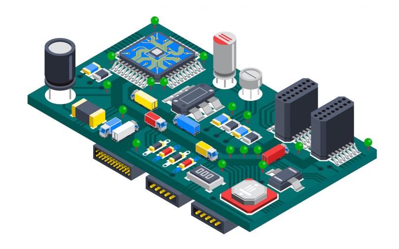 Vectored image of several electronic components attached to a circuit board