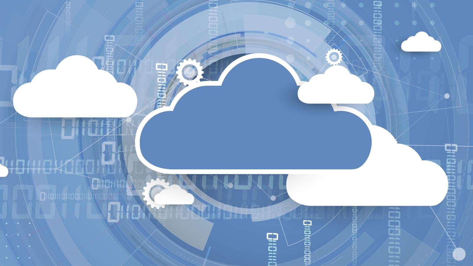 cloud surrounded by gears and digital numbers to represesnt cloud computing