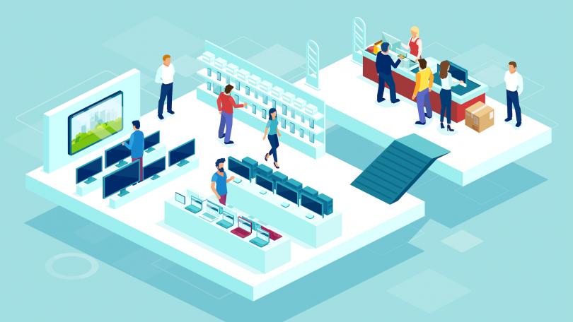 Vector illustration of multiple people in an electronics store
