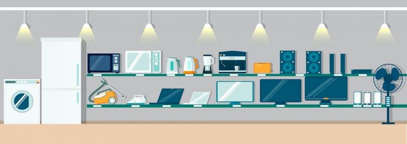 Vector image of a wall of consumer electronics straight ahead, including televisions, smartphones, a vacuum cleaner and a standing fan