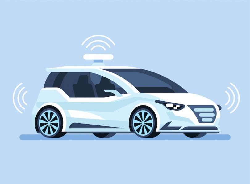 vector illustration of a self-driving car with sensor indicators surrounding it