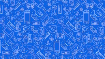 A blue background with different game controller artwork.