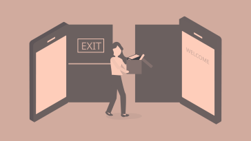 An orange-toned cartoon of a woman holding a box of belongings moving from one door, styled like a smartphone, labeled "exit" and toward one displaying "welcome" /remote-work/allowing-remote-work-is-not-enough-for-competitiveness