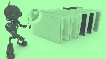 A green-toned image of a robot holding a magnifying glass up to a series of file folders. 5-depts-benefit-automation 