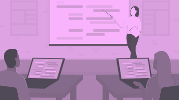 A purple-toned image of a teacher pointing to objects on a screen, and two students with the same screen on their laptios. leaving-software-development-to-teach-coding