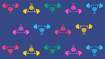 Pattern of a cartoon brain in different colors doing deadlifts, leadership training