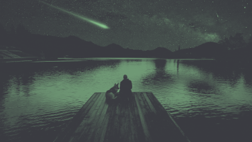 person and dog on dock watching meteor go by