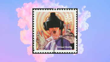 A stamp with a person using a VR headset, VR headset over cloud, future of gaming