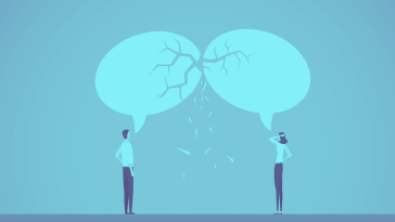 Illustration of two people with speech bubbles that are crashing and cracking, misused ux design