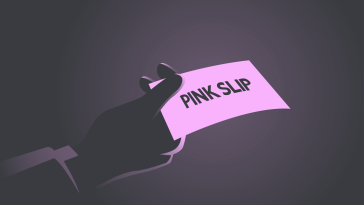 A yellow-toned image of a hand holding a piece of paper labeled "pink slip." 