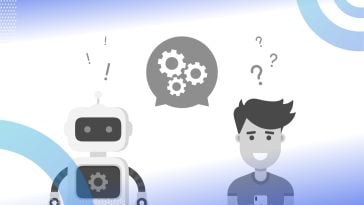 A cartoon of a robot and a human with a shared speech bubble indicating their conversation. /customer-success/conversational-ai