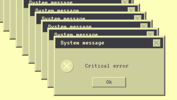 A yellow-toned image of a cascade of old Windows-style system messages saying "Critical error." /artificial-intelligence/3-hiring-mistakes-ai-ml-dl-engineers