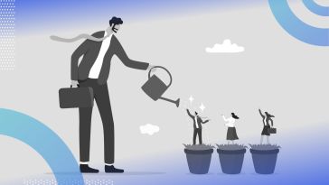 A cartoon of a large man using a watering can to "water" smaller people sitting on plant pots, a visual metaphor for nurturing growth. /tech-recruiter-resources/3-post-pandemic-recruiting-strategies 