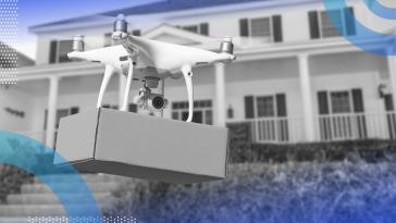 data-systems-operations package delivery drone in front of a house