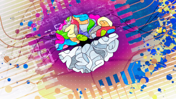 A brain divided by its analytical side and artistic side being used to develop tech that places people at the center.
