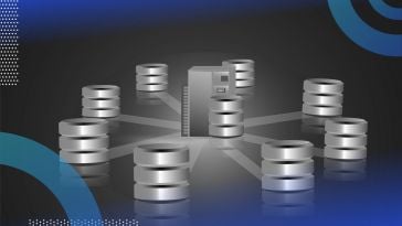 A stylized representation of a data warehouse; multiple symbols for database (three stacked disks) feed into a central server. /big-data/data-warehouse-vs-transactional-database
