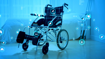 A wheelchair with health icons around it representing the health factors monitored by remote health devices.