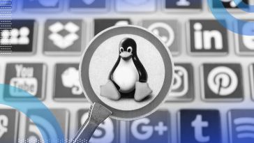 A magnifying glass highlights the Linux penguin logo