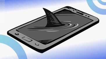 A cartoon of a phone lying flat on its back, a shark fin popping out of the screen that has been made to look like liquid. Symbolzing a threat in the phone. /cybersecurity/securing-saas-apps-devices