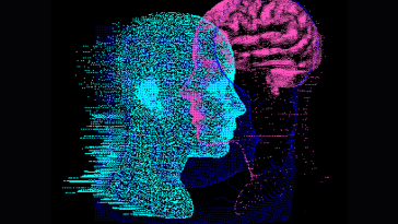two AI figures merging together with highlighted brain