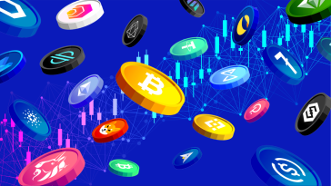 A variety of coins with crypto currency logos cascading in front of a trend graph from a cyrpto trading platform.