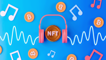 A pair of headphones around a coin labeled NFT and surrounded by cryptocurrency.