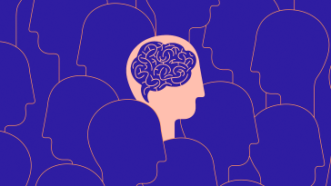 A crowd of head silhouettes with one head differing in color and drawn with a brain to show their divergent thinking.
