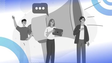 An illustration of 3 people standing in front of a comically oversized bullhorn, meant to represent a public relations team. /marketing/startup-ready-for-pr-public-relations