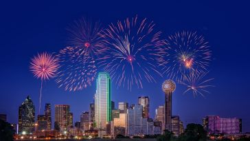 Dallas skyline with fireworks.
