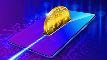 A bitcoin slotting into a mobile device's screen to be traded on a crypto app.
