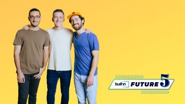 Givebutter's founders on a yellow background next to the future five logo